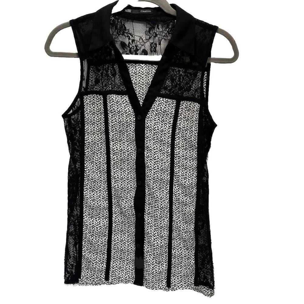 Maurices Small Sleeveless Black White Lace‎ Collared Top Shirt Button Up
